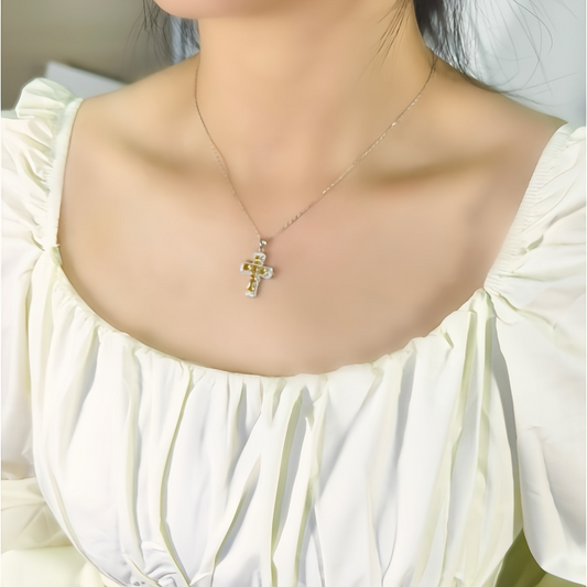 Citrine Cross Necklace (925 Sterling Silver)