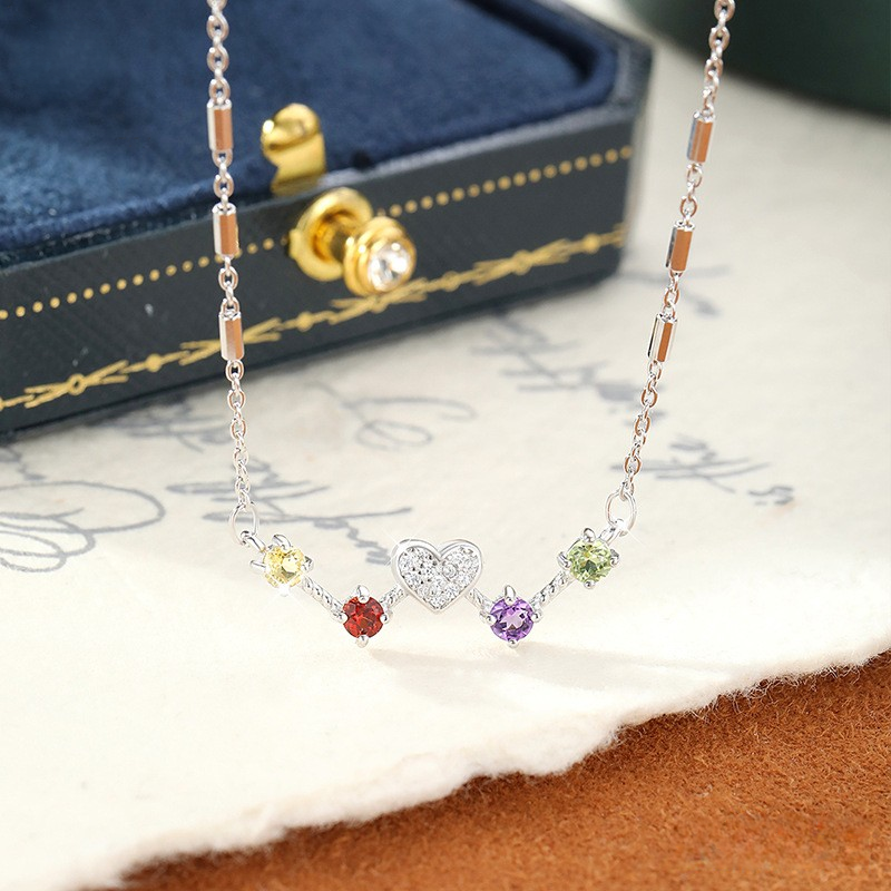 Rainbow Gemstone Heartbeat Necklace (925 Sterling Silver)