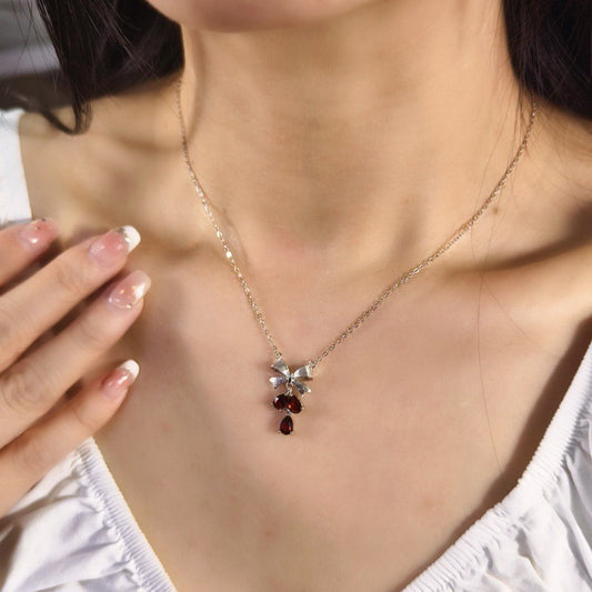 Garnet Drop Necklace with Bow (925 Sterling Silver)