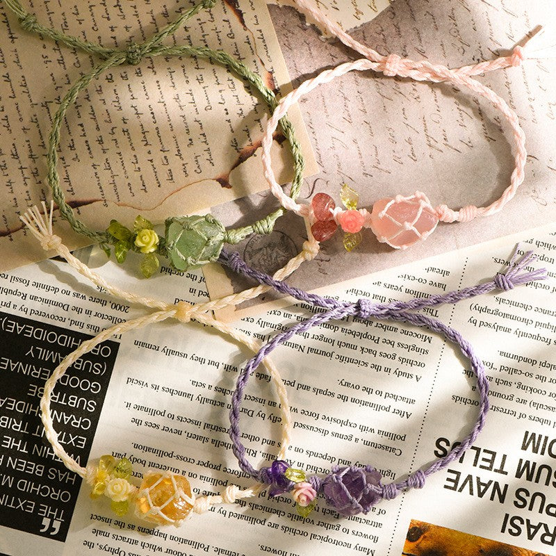 Raw Rose Quartz Bracelet with Flower Charm