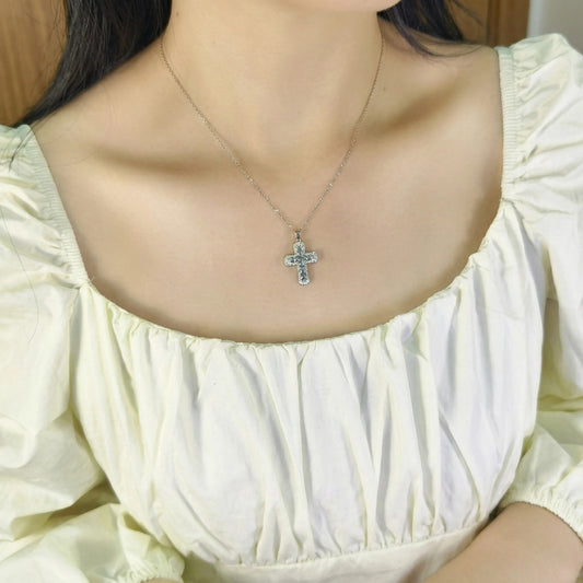 Blue Topaz Cross Necklace (925 Sterling Silver)