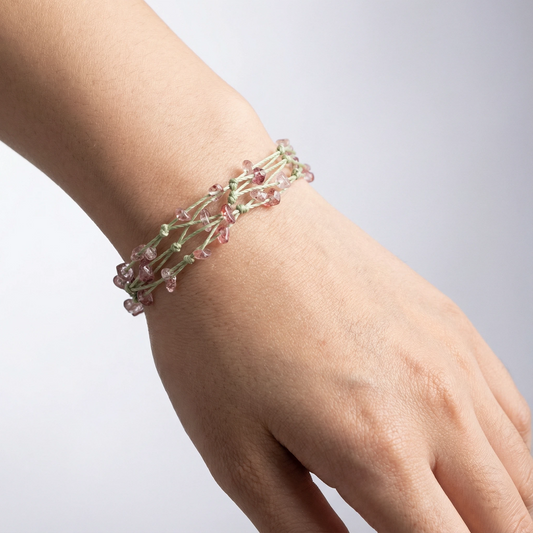 Strawberry Quartz Chip Multi Strand Handwoven Bracelet