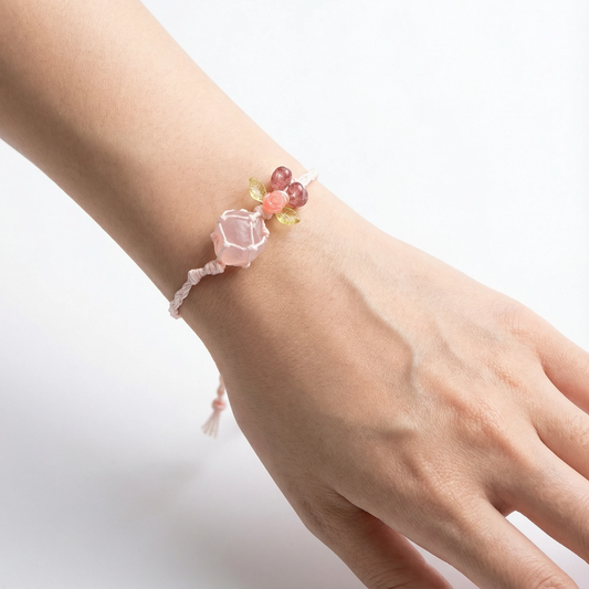Raw Rose Quartz Bracelet with Flower Charm