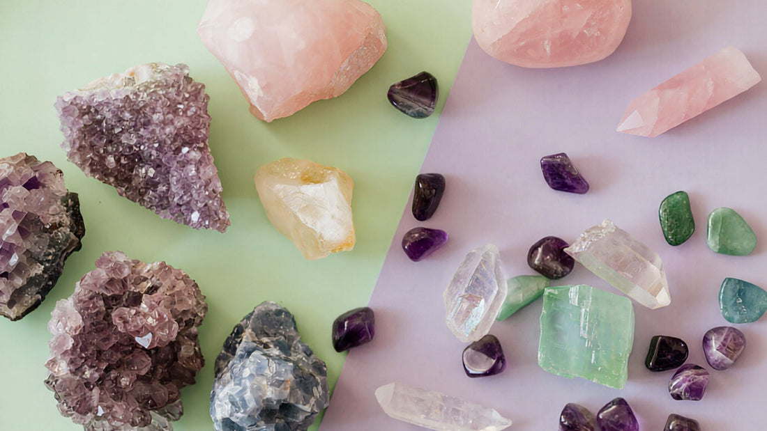 Popular crystals for beginners including amethyst, rose quartz, clear quartz and fluorite