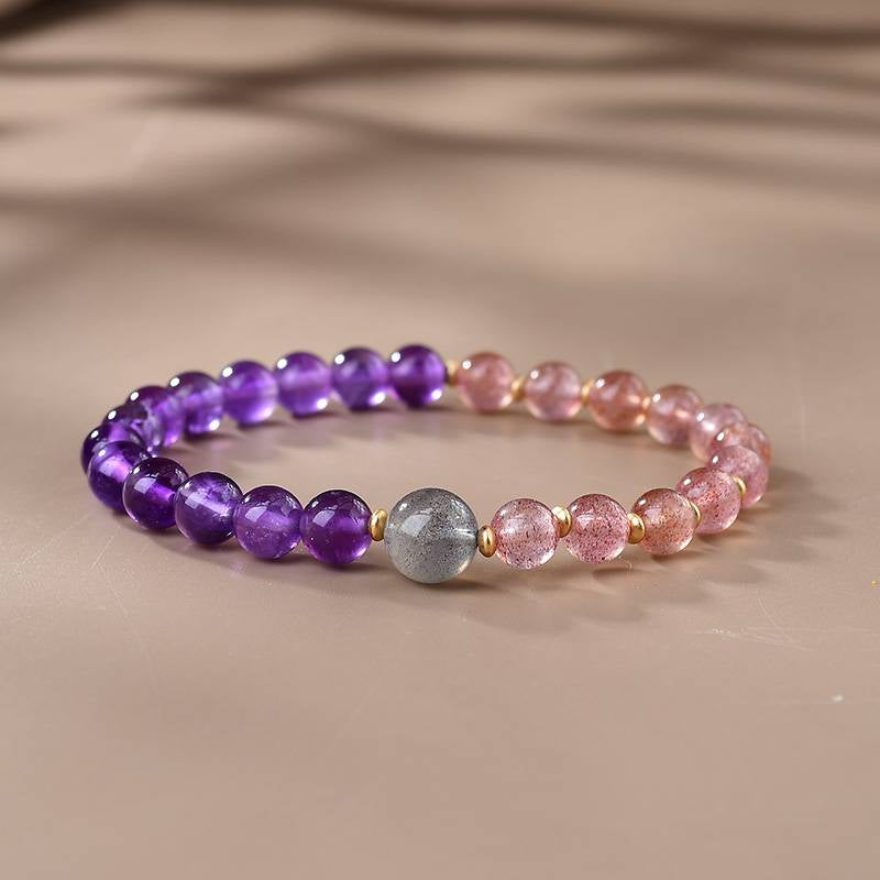 Amethyst, Strawberry Quartz & Moonstone Bracelet