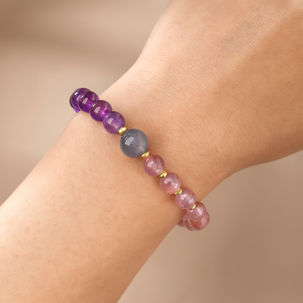 Amethyst, Strawberry Quartz & Moonstone Bracelet
