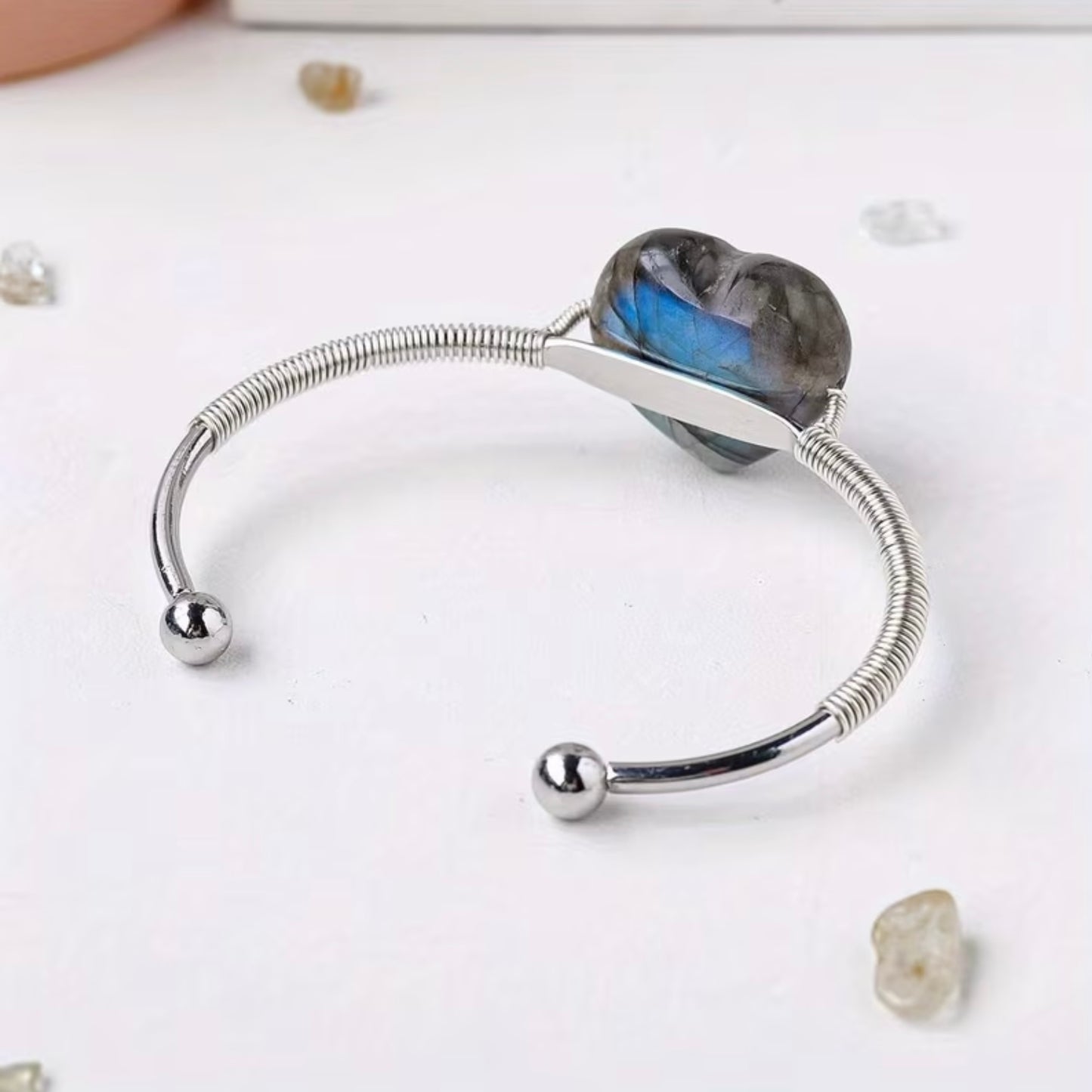 Labradorite Heart Wire Wrapped Cuff Bracelet