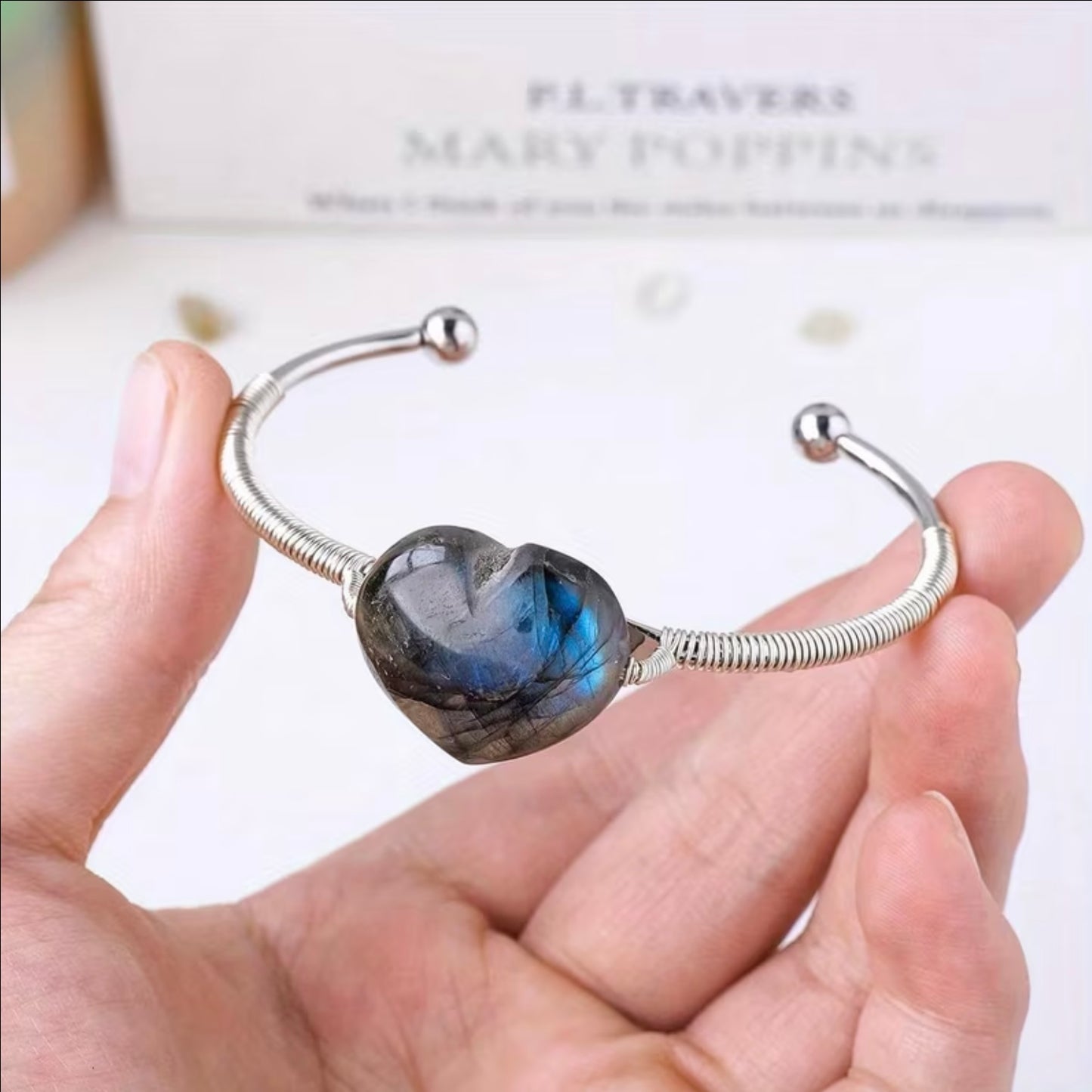 Labradorite Heart Wire Wrapped Cuff Bracelet
