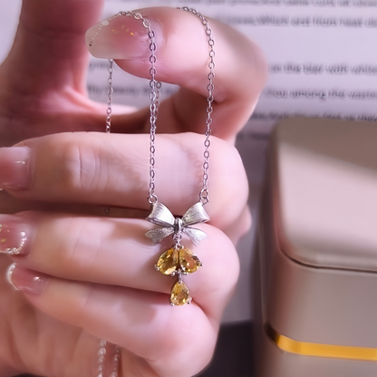 Citrine Drop Necklace with Bow (925 Sterling Silver)