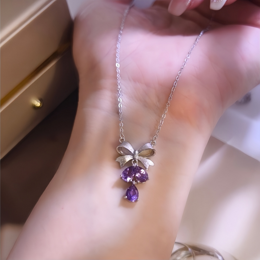 Amethyst Drop Necklace with Bow (925 Sterling Silver)