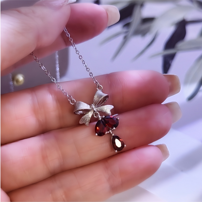 Garnet Drop Necklace with Bow (925 Sterling Silver)
