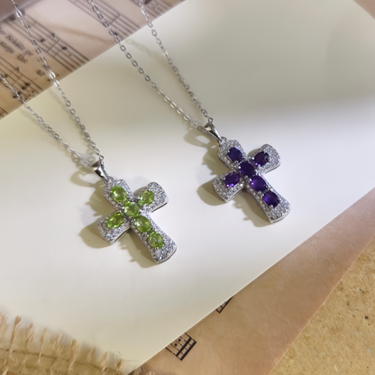 Amethyst Cross Necklace (925 Sterling Silver)