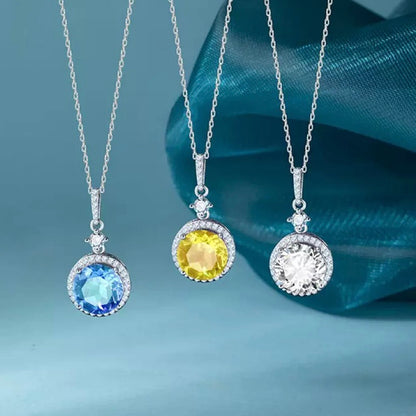 Blue Topaz Round Necklace (925 Sterling Silver)