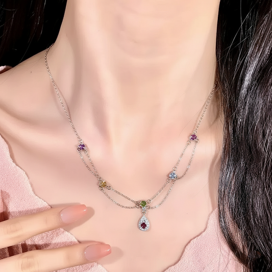 Rainbow Gemstone Layered Necklace (925 Sterling Silver)
