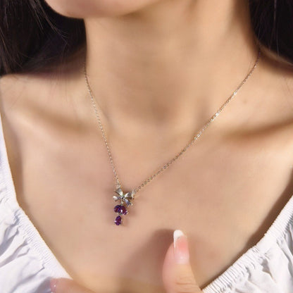 Amethyst Drop Necklace with Bow (925 Sterling Silver)