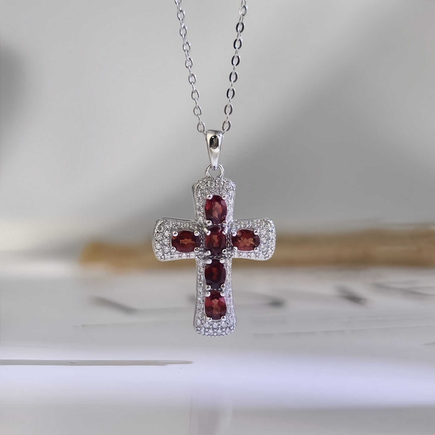 Garnet Cross Necklace (925 Sterling Silver)