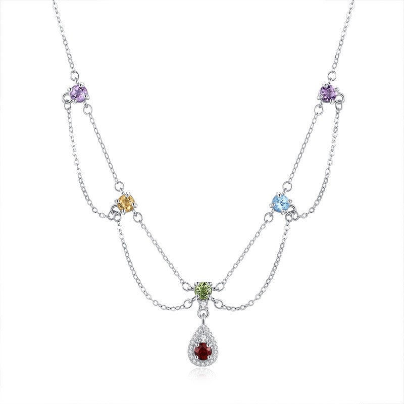 Rainbow Gemstone Layered Necklace (925 Sterling Silver)