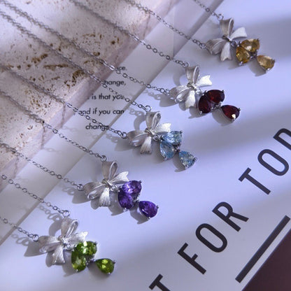 Amethyst Drop Necklace with Bow (925 Sterling Silver)