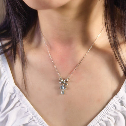 Blue Topaz Drop Necklace with Bow (925 Sterling Silver)
