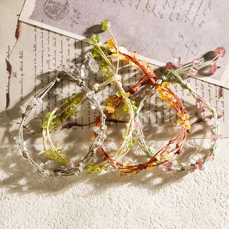 Strawberry Quartz Chip Multi Strand Handwoven Bracelet
