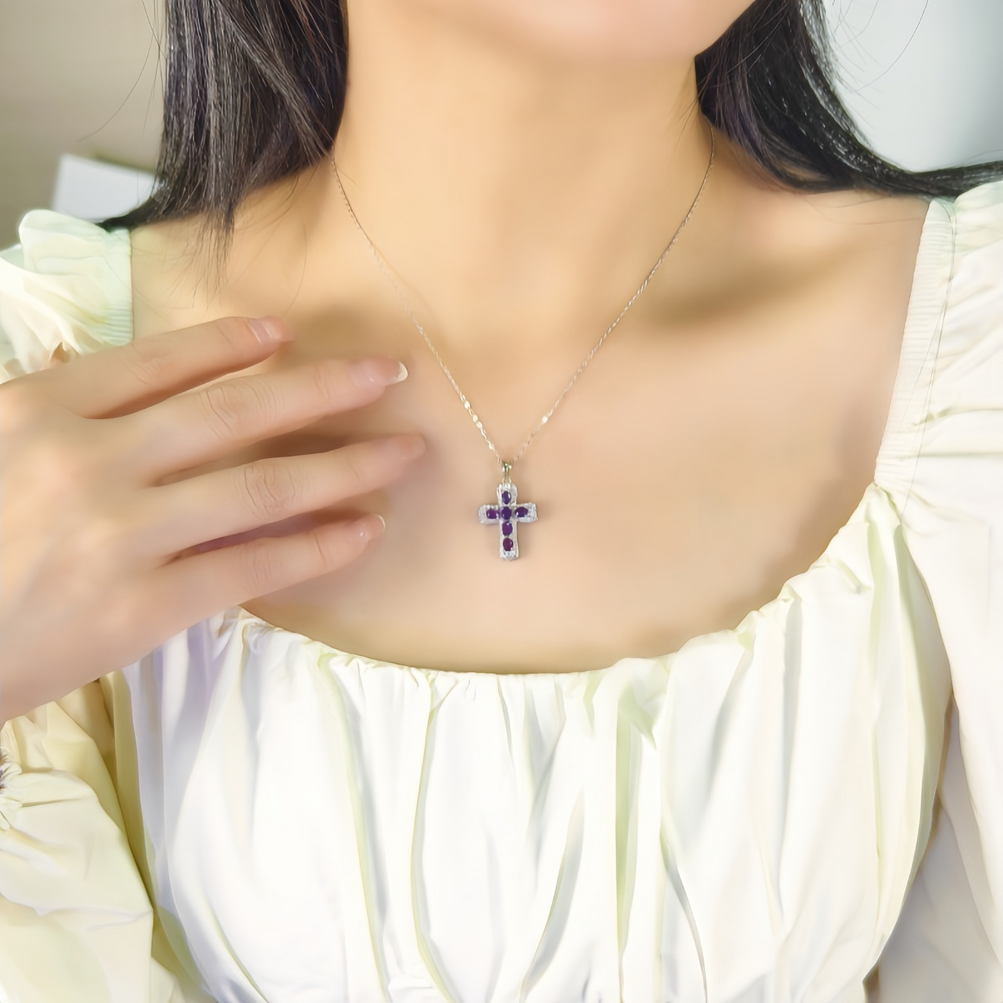 Amethyst Cross Necklace (925 Sterling Silver)
