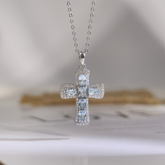 Blue Topaz Cross Necklace (925 Sterling Silver)