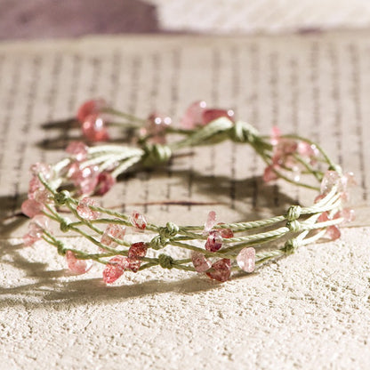 Strawberry Quartz Chip Multi Strand Handwoven Bracelet