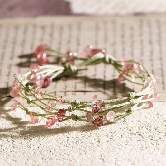 Strawberry Quartz Chip Multi Strand Handwoven Bracelet