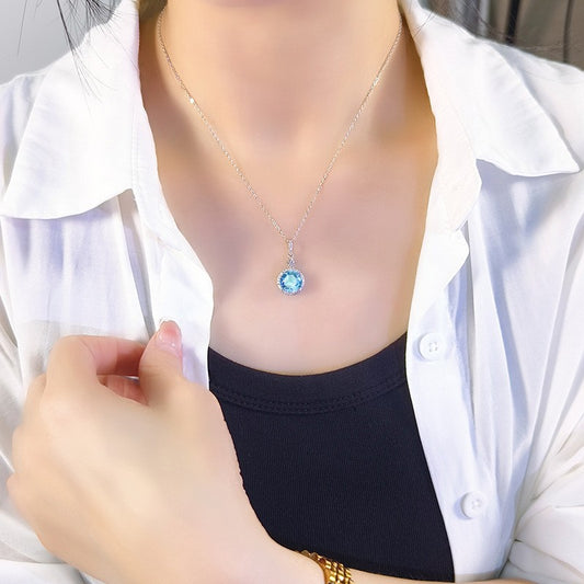 Blue Topaz Round Necklace (925 Sterling Silver)
