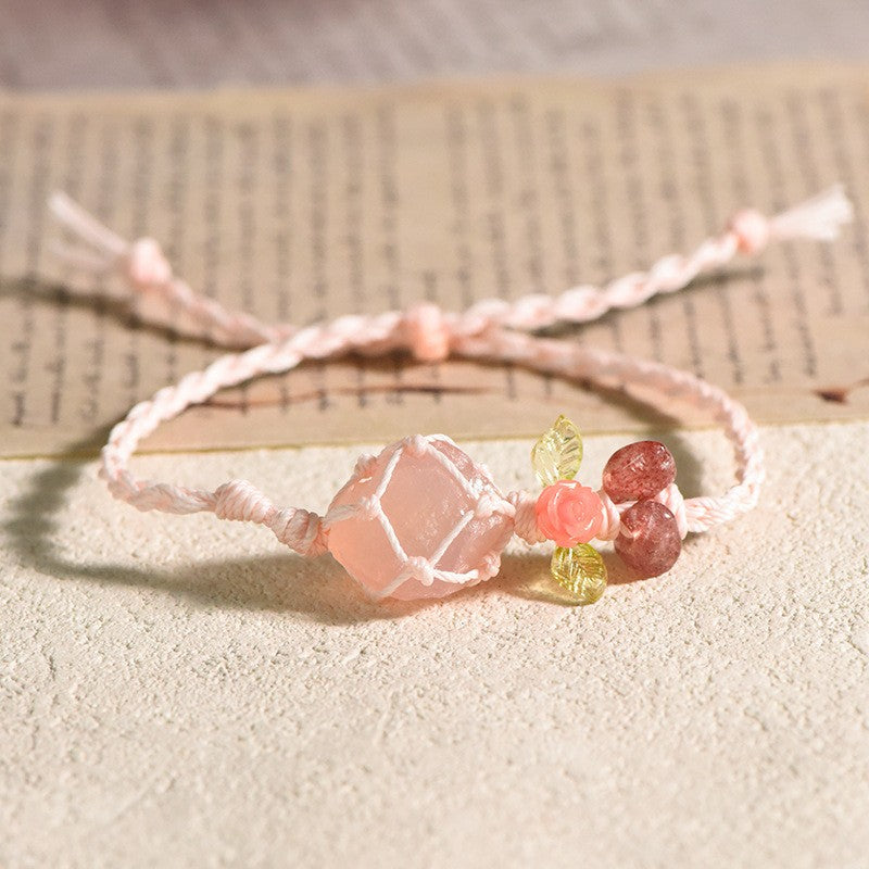 Raw Rose Quartz Bracelet with Flower Charm