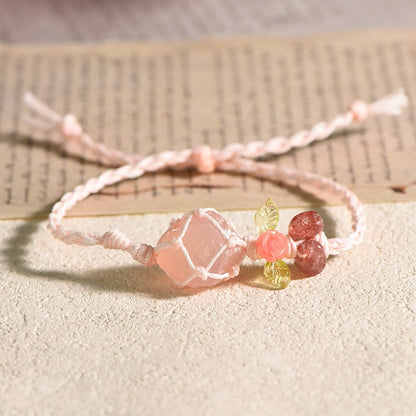 Raw Rose Quartz Bracelet with Flower Charm