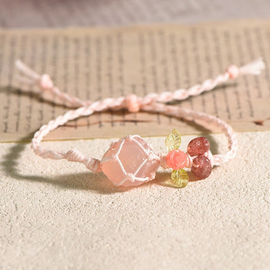 Raw Rose Quartz Bracelet with Flower Charm