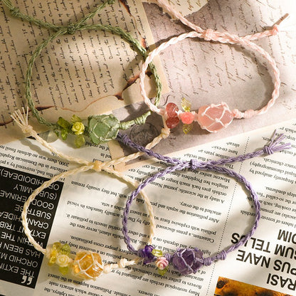 Raw Rose Quartz Bracelet with Flower Charm