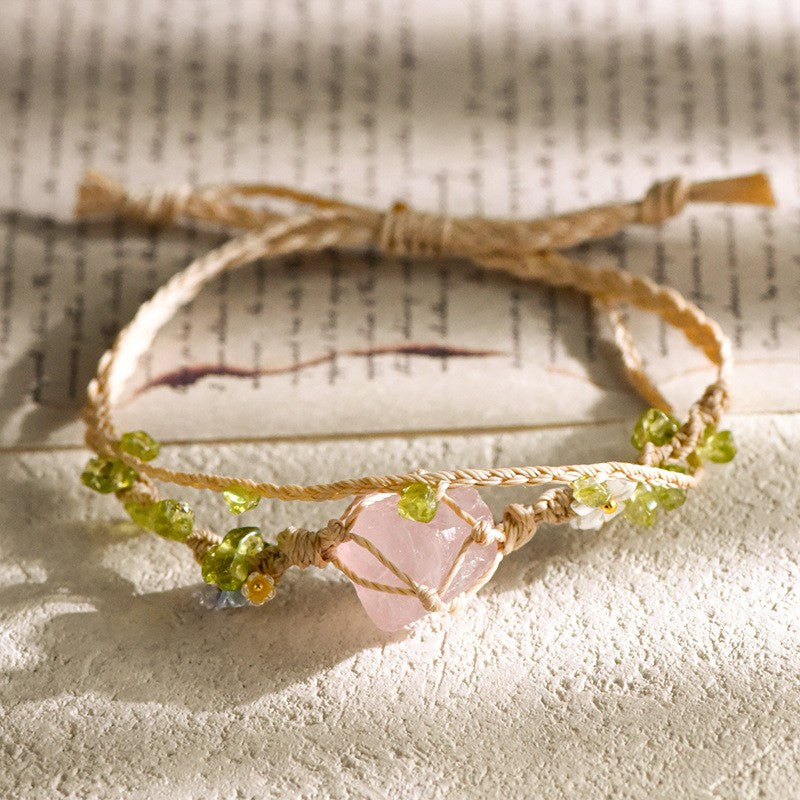 Raw Rose Quartz Double Cord Handwoven Bracelet