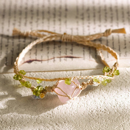 Raw Rose Quartz Double Cord Handwoven Bracelet