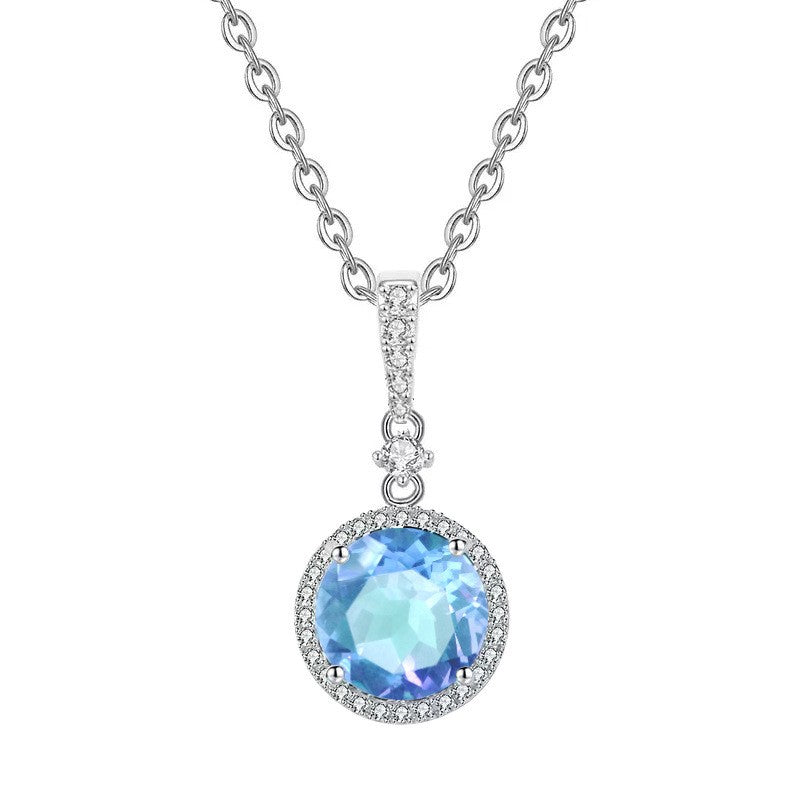 Blue Topaz Round Necklace (925 Sterling Silver)
