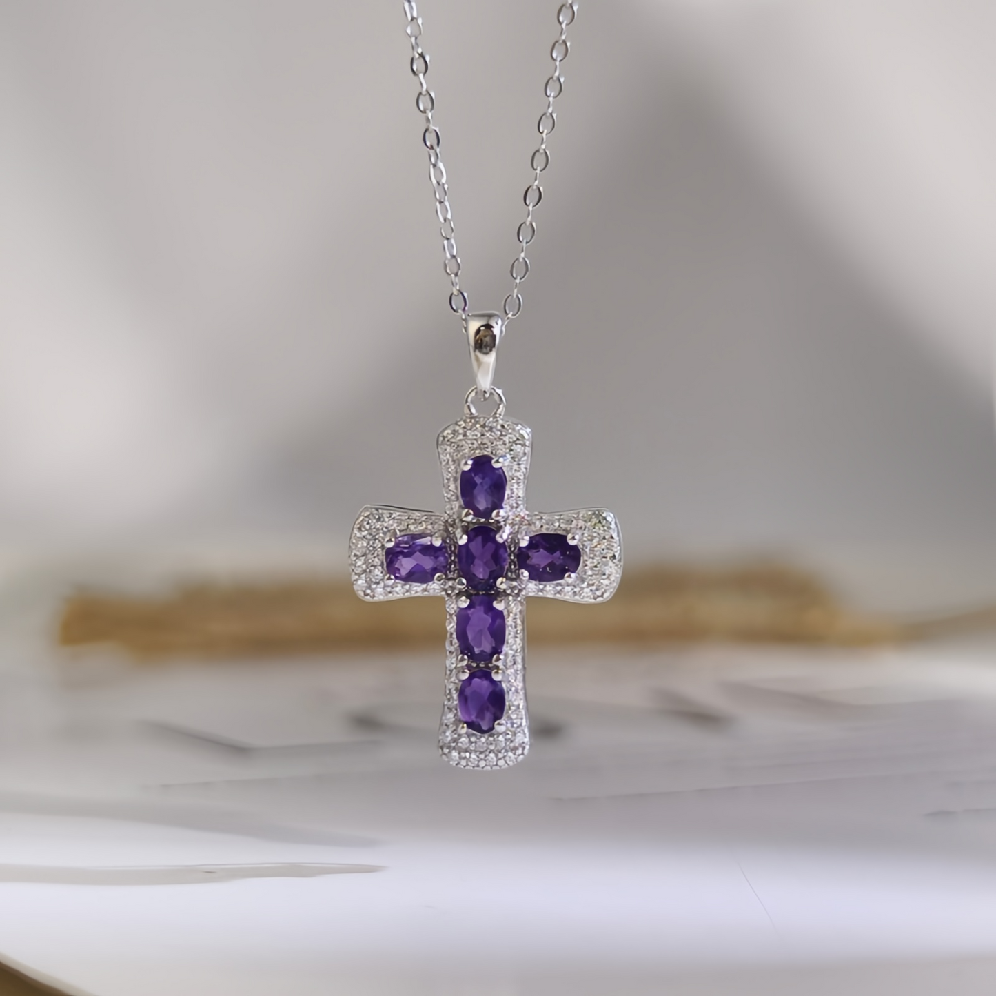 Amethyst Cross Necklace (925 Sterling Silver)