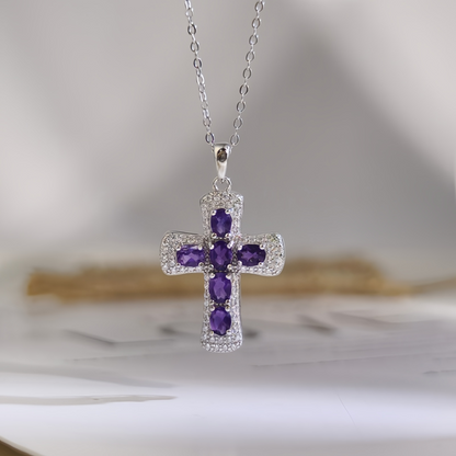 Amethyst Cross Necklace (925 Sterling Silver)
