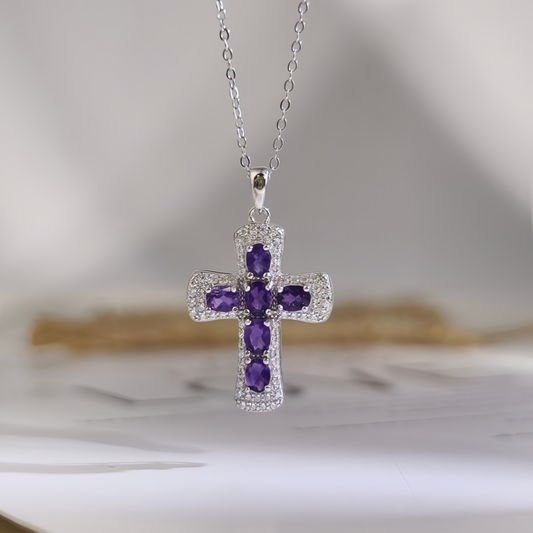Amethyst Cross Necklace (925 Sterling Silver)