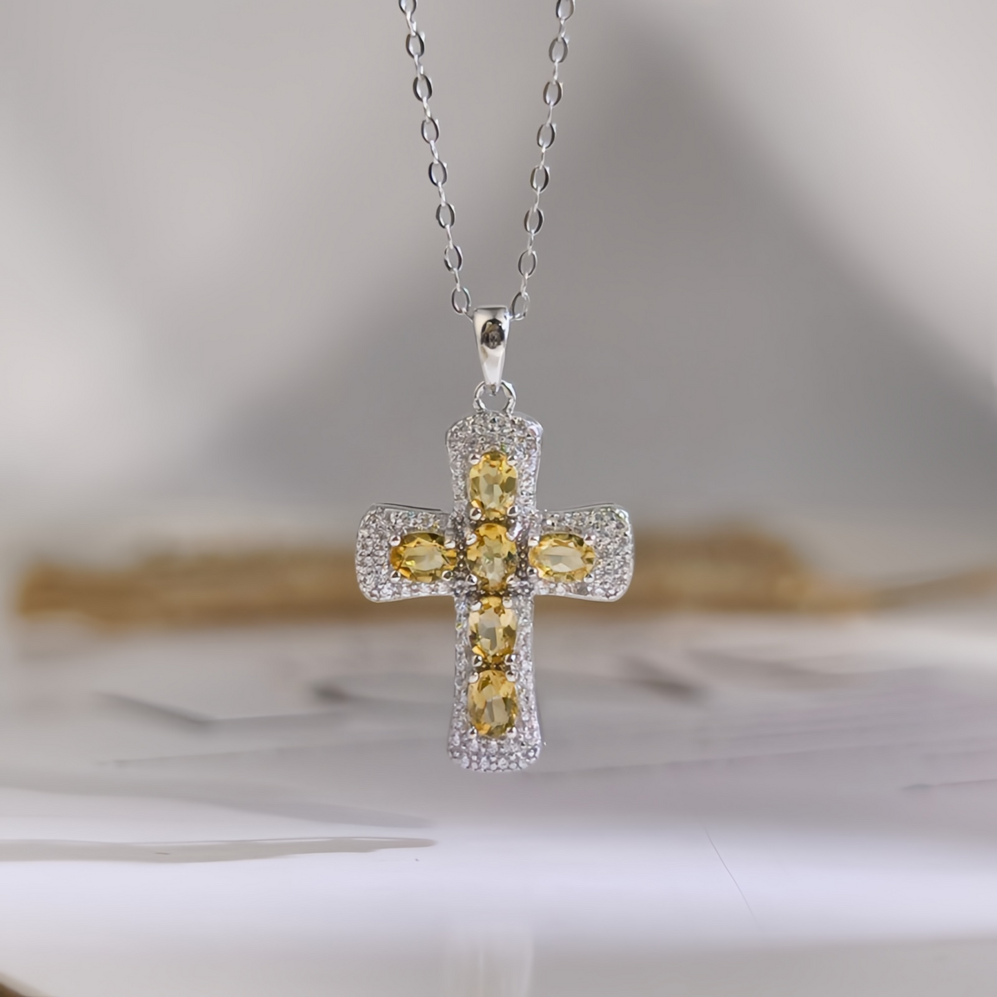 Citrine Cross Necklace (925 Sterling Silver)