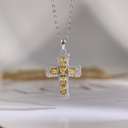Citrine Cross Necklace (925 Sterling Silver)