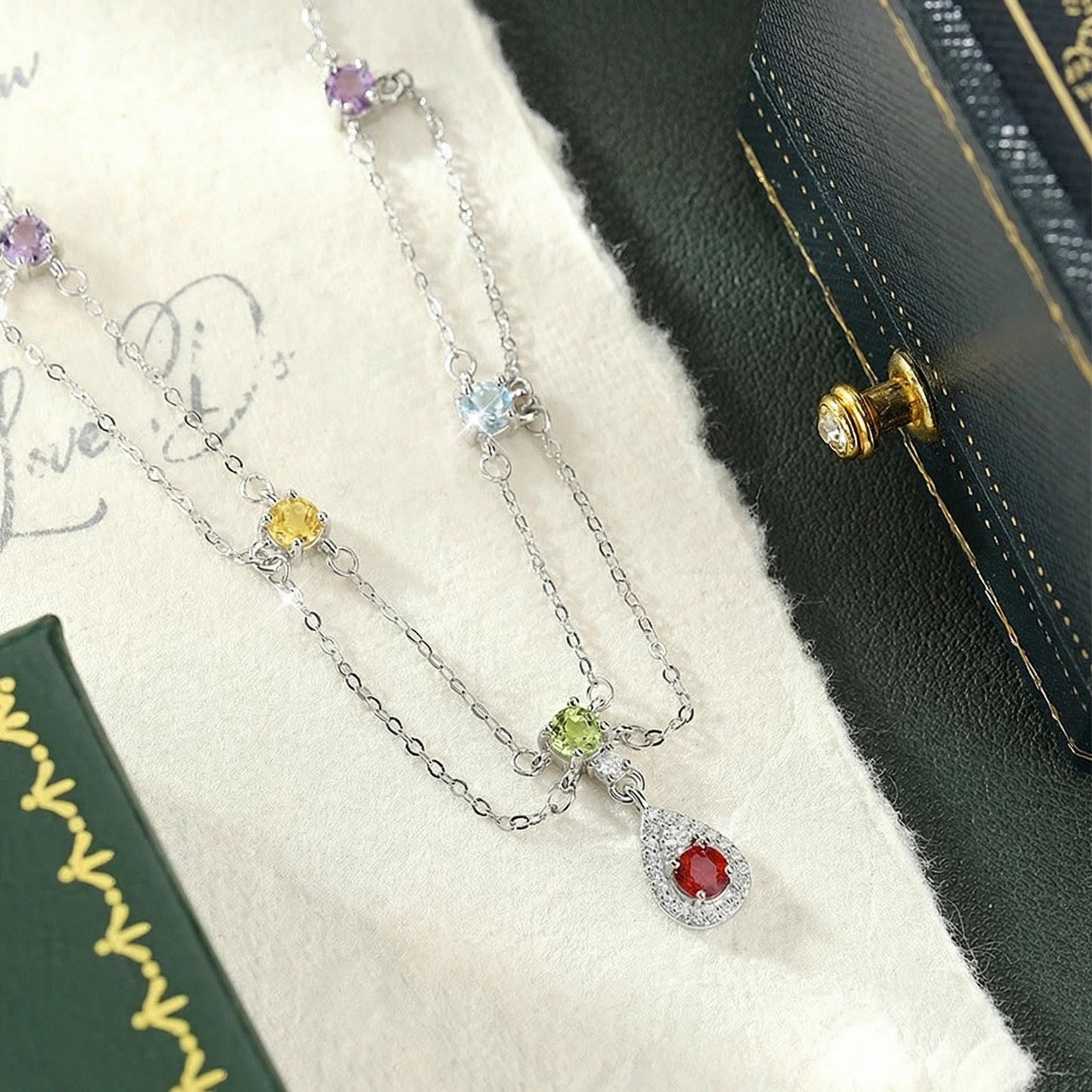 Rainbow Gemstone Layered Necklace (925 Sterling Silver)