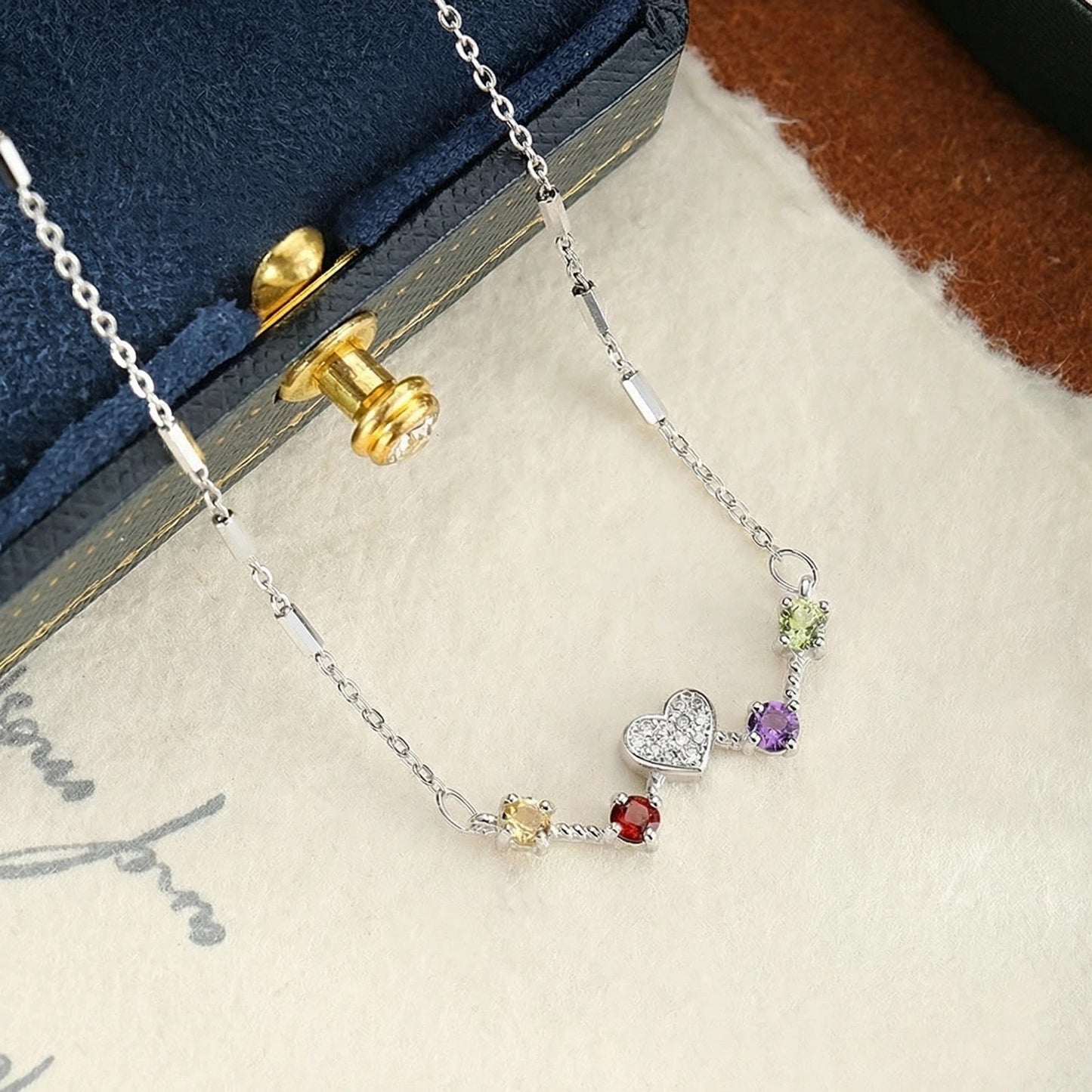 Rainbow Gemstone Heartbeat Necklace (925 Sterling Silver)